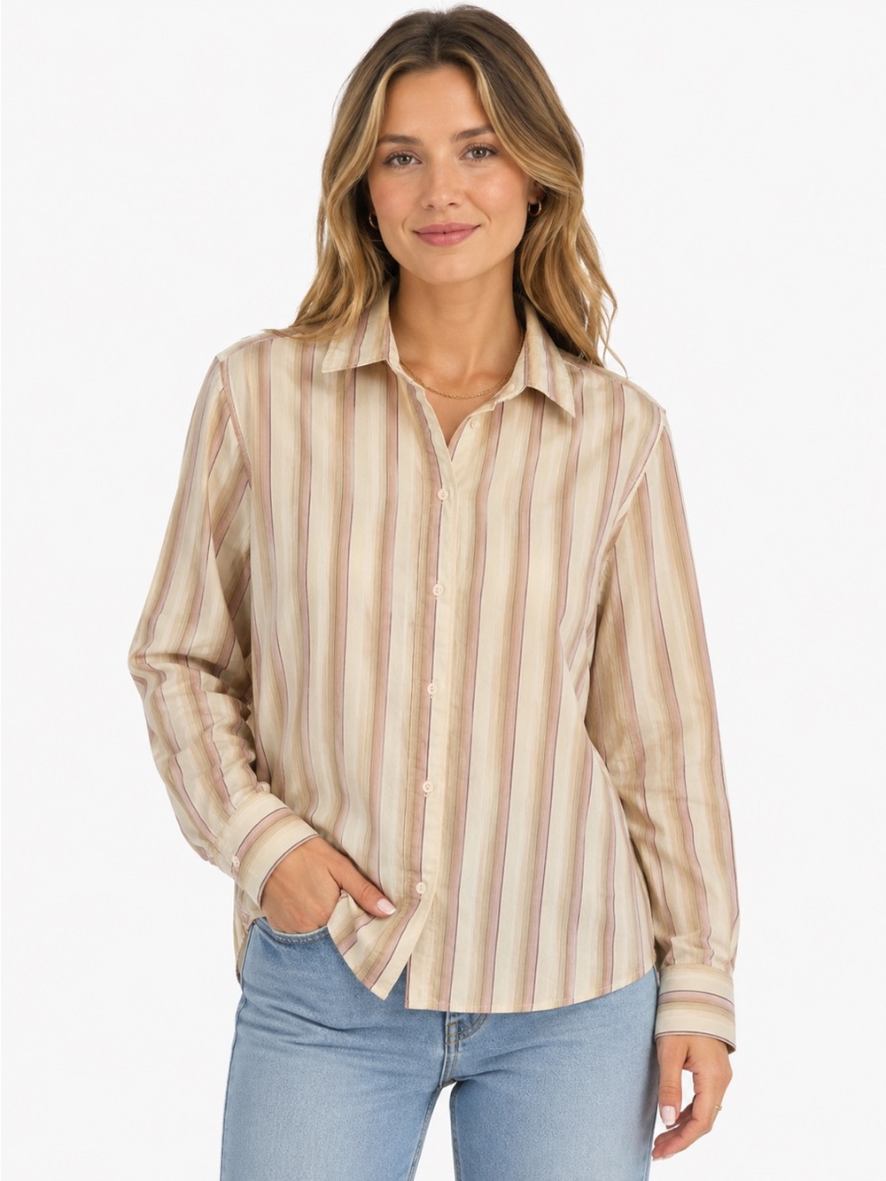 Faconnable Beige Striped Button-Down Shirt